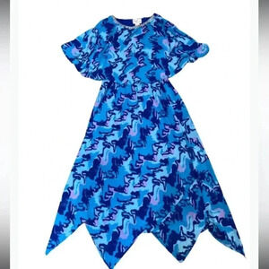 Ey Signature Dress Vintage Blue Print Cape Style Layered V Cut Hem Size Medium